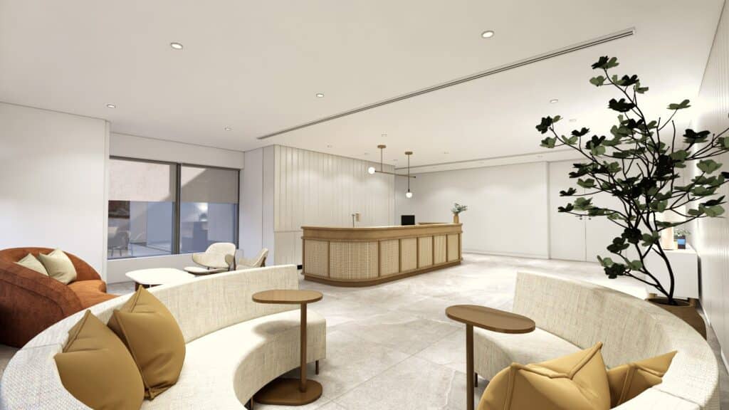 A rendered image of a reception area including a circular couch area and rattan reception desk